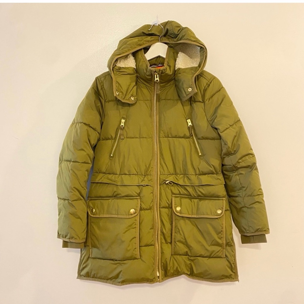 J. Crew Khaki Puffer Jacket With Orange Lining